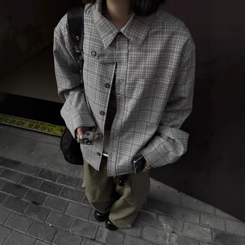 High-Quality Houndstooth Pattern Short Wide Shirt Jacket Cleanfit Retro Old Money Style Elegant Casual Lapel Coat High-Quality Houndstooth Pattern Short Wide Shirt Jacket Cleanfit Retro Old Money Style Elegant Casual Lapel Coat