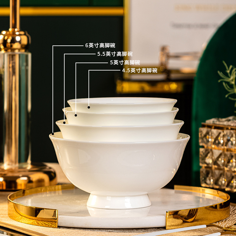 Cross-Border Jingdezhen Ceramic Bowl for Home Use, Pure White Rice Bowl, Tall Bowl, Anti-Scalding Ramen Bowl, High-White High-Temperature Porcelain Bowl