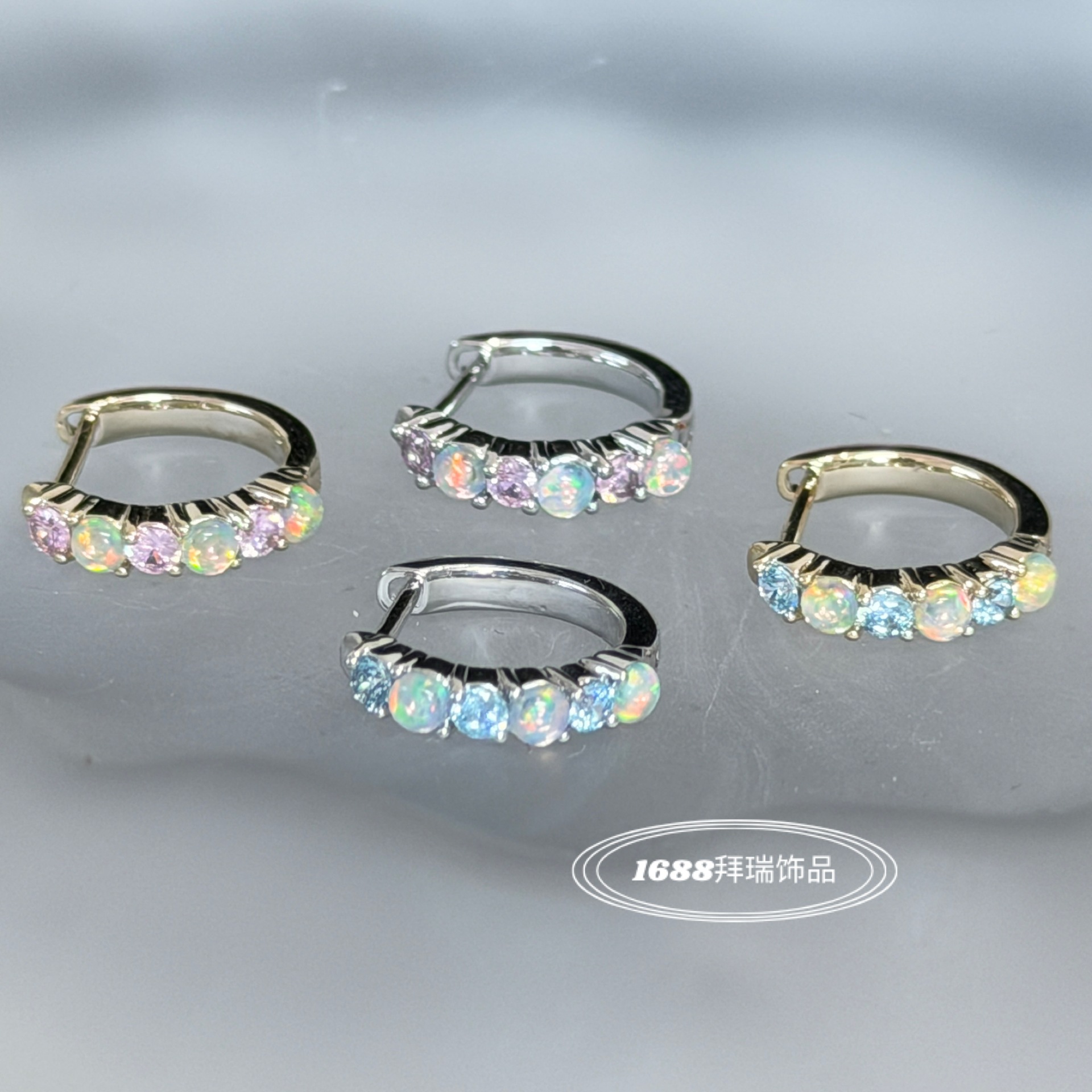 Colorful Contrast-Color Opal Straight Pin Eco-Friendly Copper Earrings, Unique Zircon Hoop Earrings for Women, Simple Ear Studs
