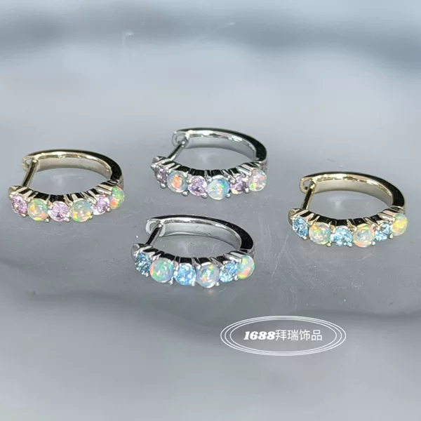Colorful Contrast-Color Opal Straight Pin Eco-Friendly Copper Earrings, Unique Zircon Hoop Earrings for Women, Simple Ear Studs