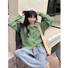 【秋日糯糯】25新款秋冬韩风时髦绿色针织开衫百搭长袖毛衣外套