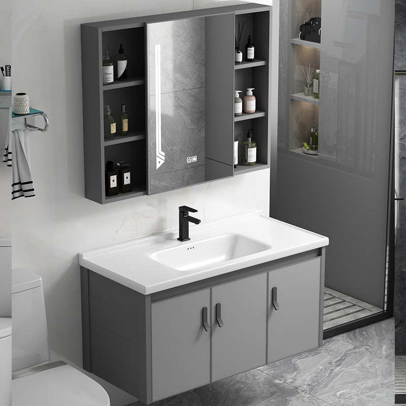 Simple moderno espacio de aluminio gabinete de baño montado en la pared del lavabo gabinete combinación piscina hogar blanco cerámica roca placa cuenca integrada