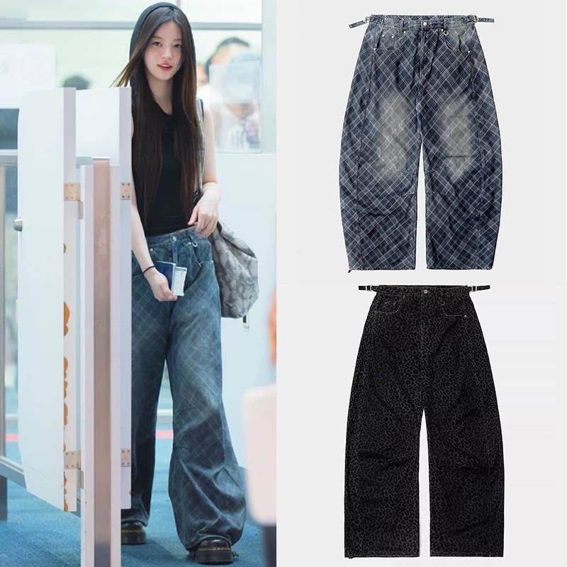 Minju Park Min-Joo's Same Style Badblood American Retro Plaid Jeans for Women, Casual Loose Wide-Leg Pants Minju Park Min-Joo's Same Style Badblood American Retro Plaid Jeans for Women, Casual Loose Wide-Leg Pants