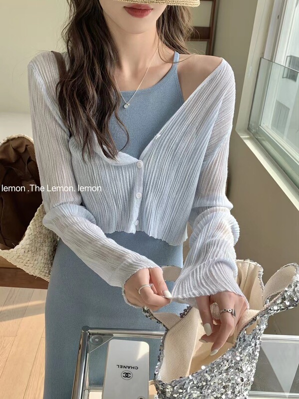 The Lemon Ice Silk Short Sun Protection Knitted Cardigan for Women 2026 Spring New V-Neck Air Conditioning Shirt Thin Outerwear The Lemon Ice Silk Short Sun Protection Knitted Cardigan for Women 2026 Spring New V-Neck Air Conditioning Shirt Thin Outerwear