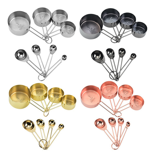 Nordic style 8-piece set of stainless steel rose gold measuring spoons and measuring cup set baking tools copper-plated measuring spoons