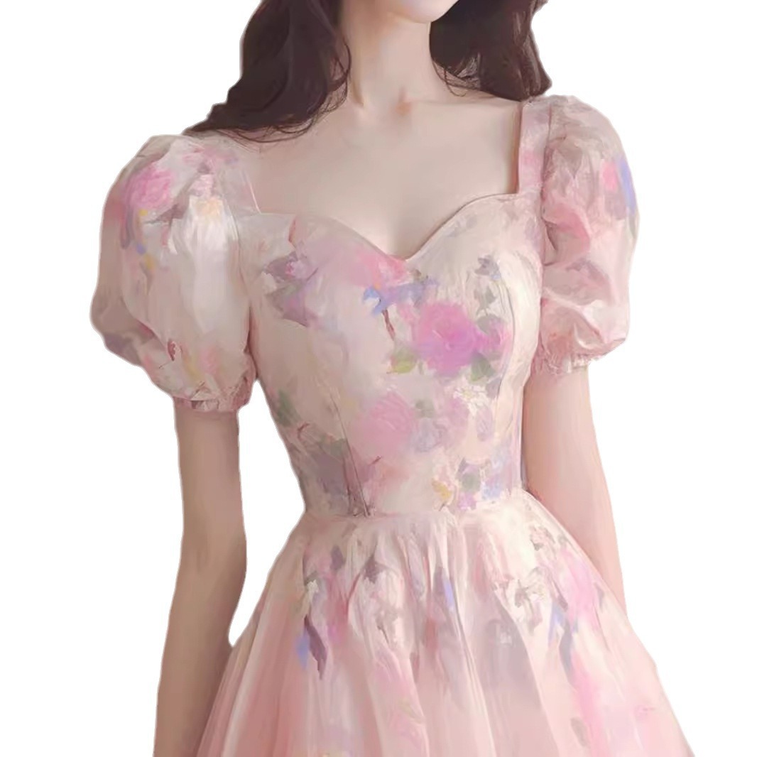 Đầm maxi nữ thắt eo phong cách Hepburn kiểu Pháp họa tiết hoa hồng cổ điển lãng mạn — Màu hồng