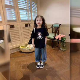 2024新款女童夏装新款短袖T恤儿童宝宝舒适透气时髦圆领半袖上衣