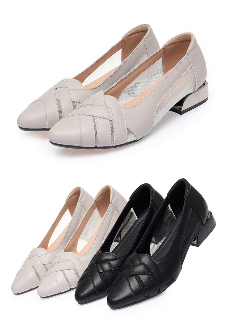 Sandal nữ da bò gót vuông thấp quai chữ V miệng nông mùa hè — Màu be xám (toàn bộ da bò) chi tiết 16