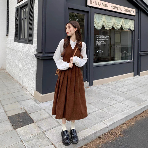 Corduroy Autumn Wear Sweet Mori-Style Mid-Length Waist-Slimming A-Line Dress with V-Neck and Suspenders Women's Suit Dress