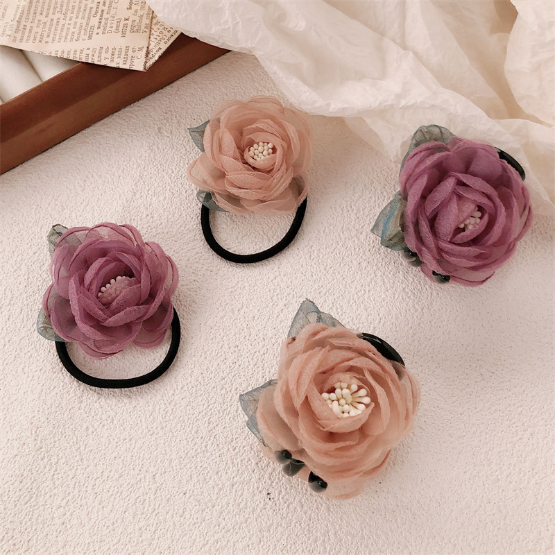 Nuevo anillo de cabello de flores de malla de goma de goma de goma de cabello de la chica de la cola de cabello de la chica pequeña fragancia