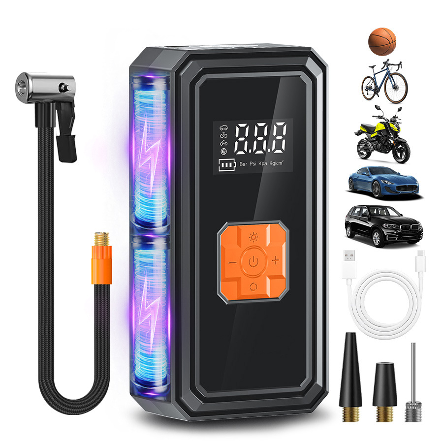 Qìchē Portable Car Air Pump Cordless Tire Inflator Electric Air Compressor (Hava nasosu) - black-orange-cordless-air-pump-digital-display
