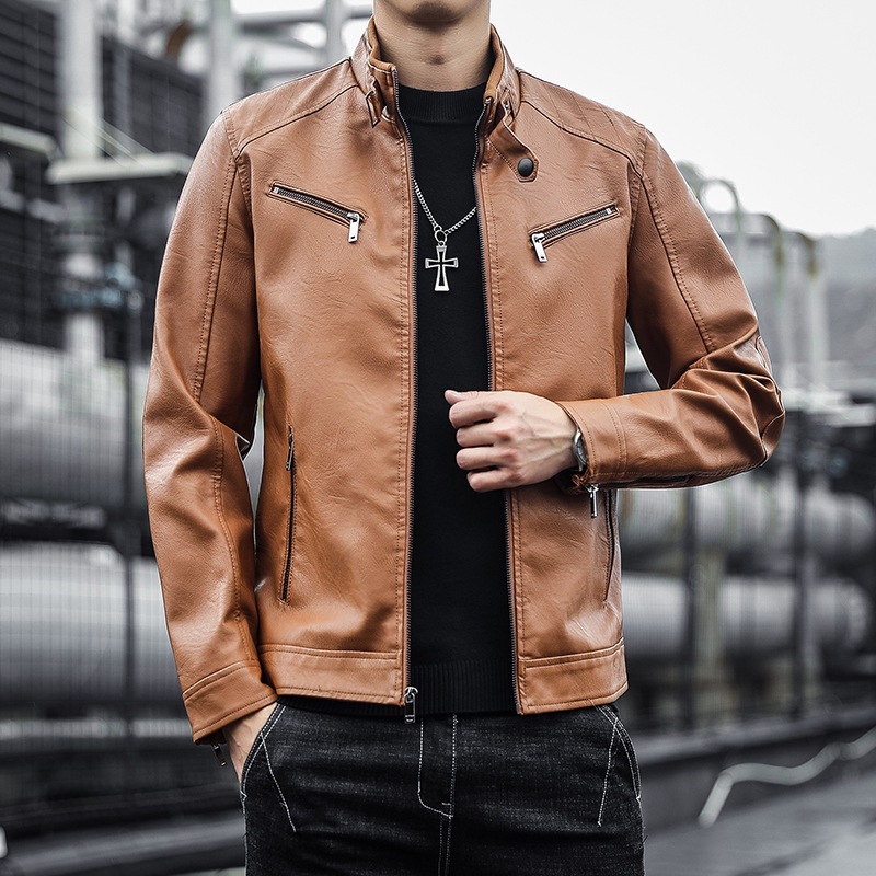 PU leather spring and autumn Korean version trendy brand slim fit casual stand collar versatile plus velvet motorcycle_ipsvogv.com