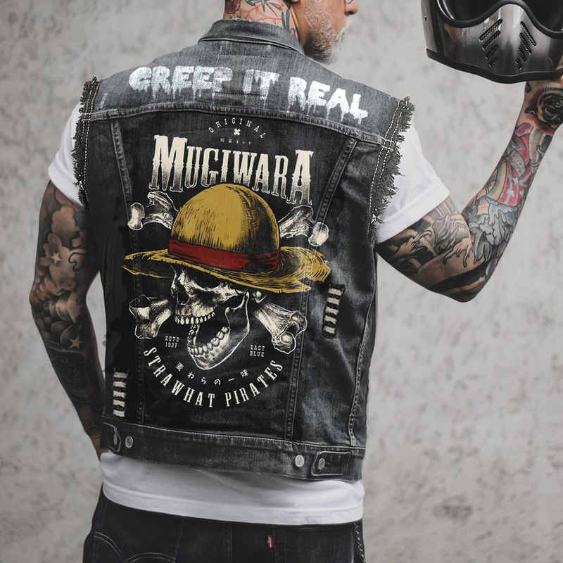Cross-Border Amazon Wish European and American Street Motorcycle Casual Youth Denim Vest Men's 2439 Black Spot Cotton
