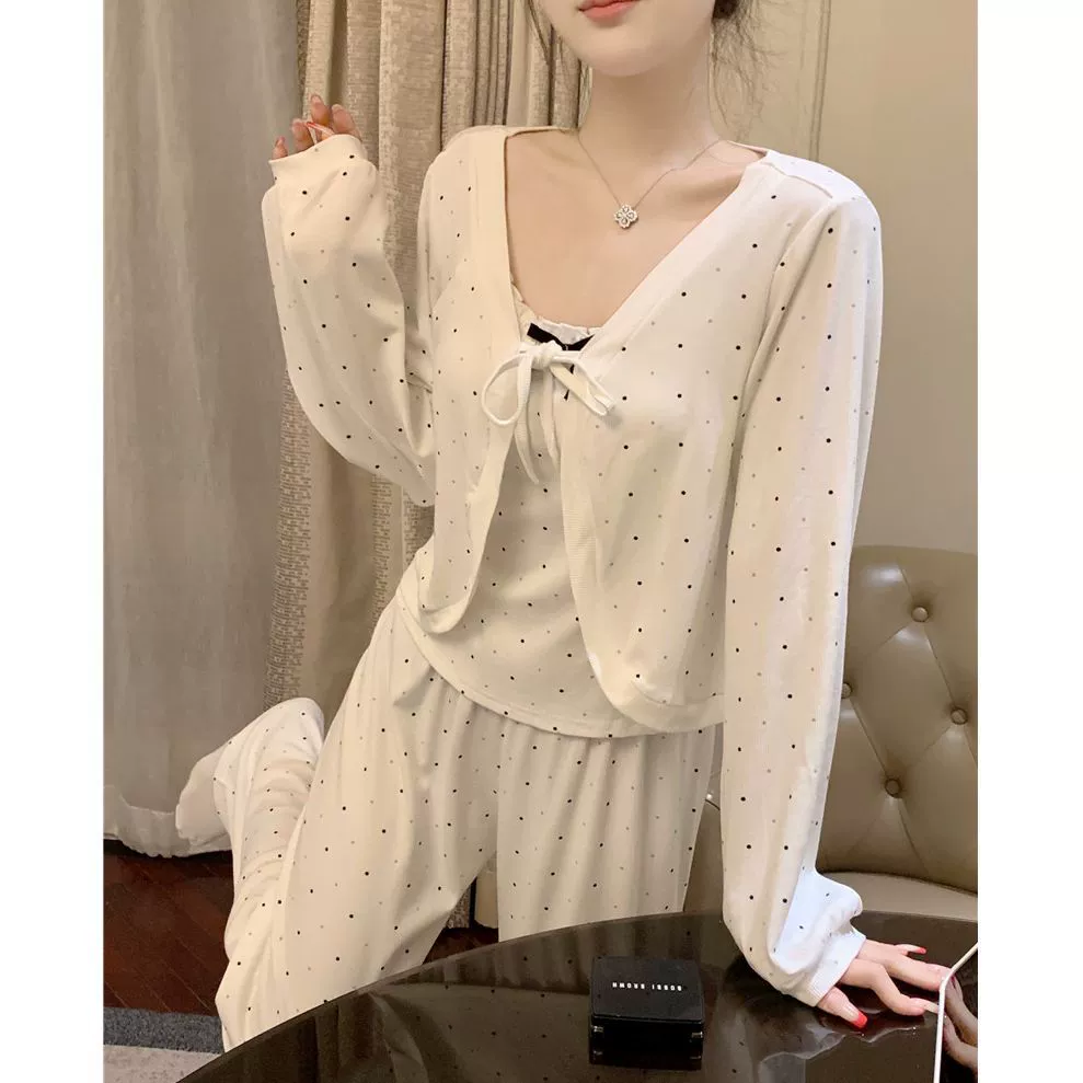 [Tinkerbell] Pure Desire Style Пижама на подтяжках в горошек, комплект из трех предметов, женская весенне-осенняя одежда с длинными рукавами и брюками, повседневная домашняя одежда