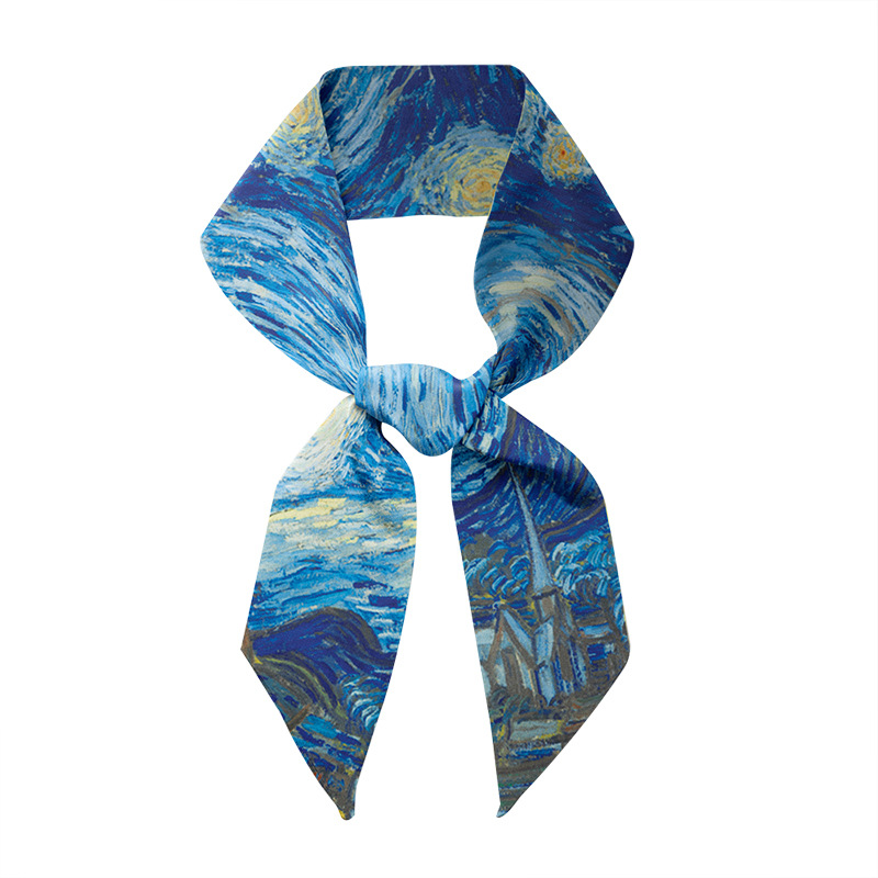 Verano larga pequeña bufanda de seda femenina Van Gogh campo de trigo cielo estrellado pintura al óleo delgada estrecha larga pequeña bufanda de seda corbata de pelo decoración femenina