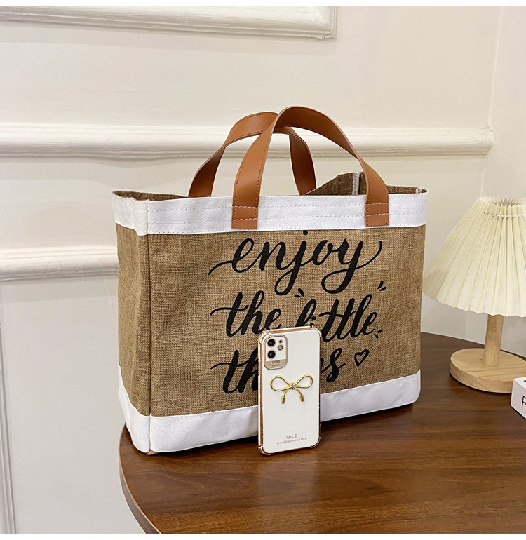 360g Weight Open Closure Type Top Handle Strap Type Tote Bag Bags Type Casual, Daily Occasion cotton and linen Material Letter Pattern All Seasons Season Women's Gender Basic, Classic Style Style Square Shape Large Size Women's Large Cotton And Linen Letter Basic Classic Style Square Open Tote Bag 2