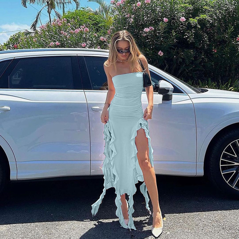 Wholesale Women's Sexy Lettuce Trim Solid Color Banquet Daily Bar Strapless Sleeveless Sheath Dress display picture 36