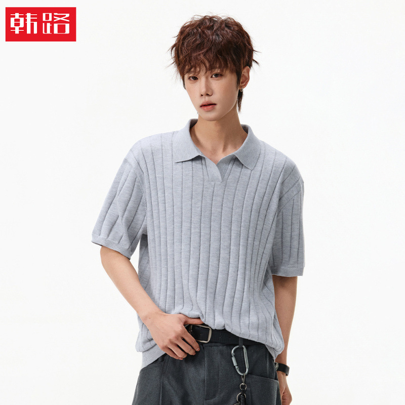Old Money Style Retro Ribbed Texture Polo Knit T-Shirt Summer Breathable V-Neck Fitted Short-Sleeve Top Q