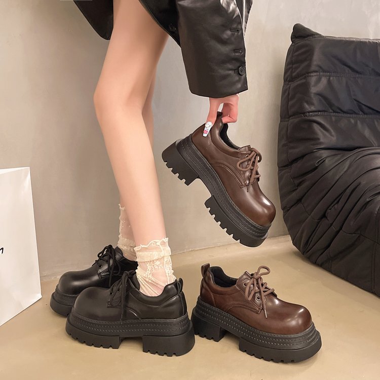 British Style Retro Brown Lace-Up Loafers 2025 New Spring & Fall Heightening Thick-Soled Small Leather Shoes Big-Toe Flats