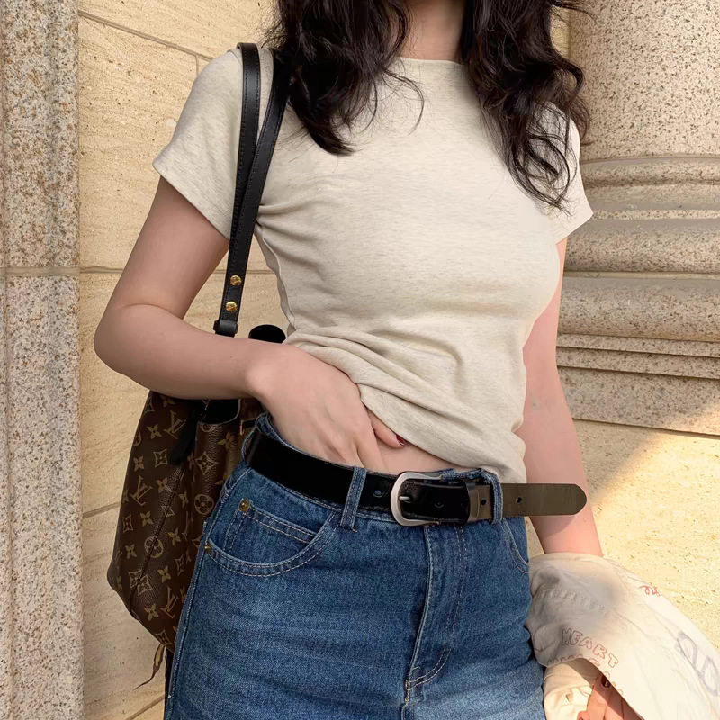 Right Shoulder Round Neck T-Shirt for Women 2025 New Pure Cotton Basic Short-Sleeved Top Summer Versatile Bottoming Slimming Look