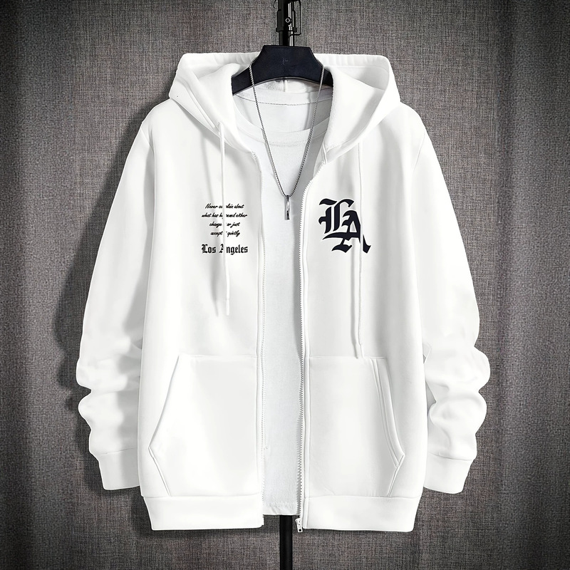 American Street Style Zip-Up Hoodie with La Gothic Lettering Print, Unisex Loose-Fitting Cardigan Jacket Hoodie American Street Style Zip-Up Hoodie with La Gothic Lettering Print, Unisex Loose-Fitting Cardigan Jacket Hoodie