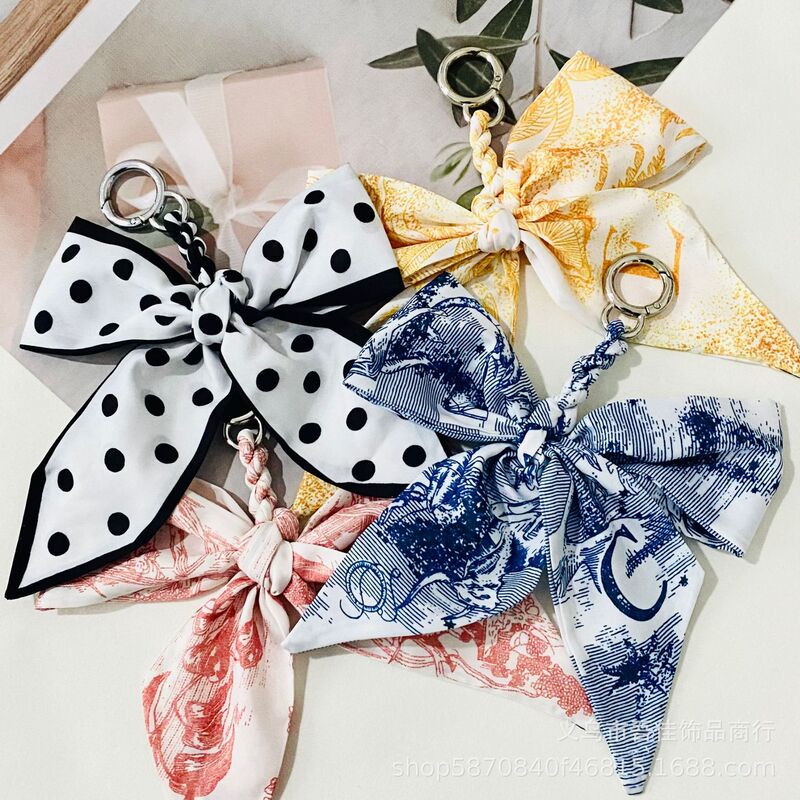 European and American Cross-Border Silk Scarf Bow Keychain Dopamine Color Key Ring Creative Women's Bag Pendant