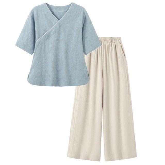夏新款中式女装文艺复古棉麻V领短袖上衣休闲禅意茶服套装