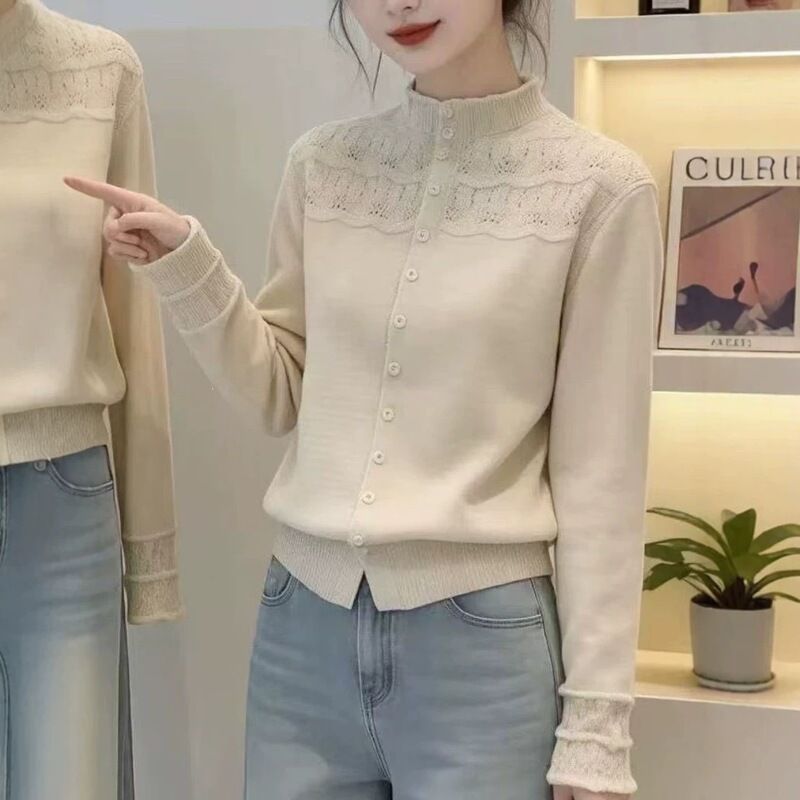 Korean-style gentle and elegant half-high collar openwork knit cardigan for women, 2026 new versatile slimming soft sweater base layer