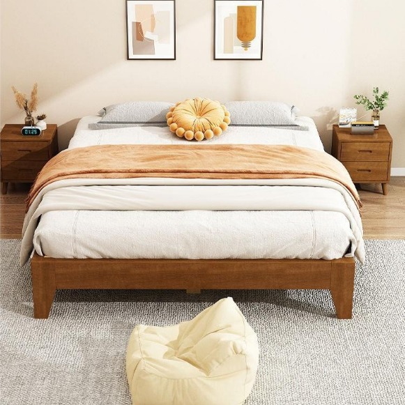 全实木床现代简约1.5双人床1.8橡胶木床卧室家用1.2m胡桃色单人床