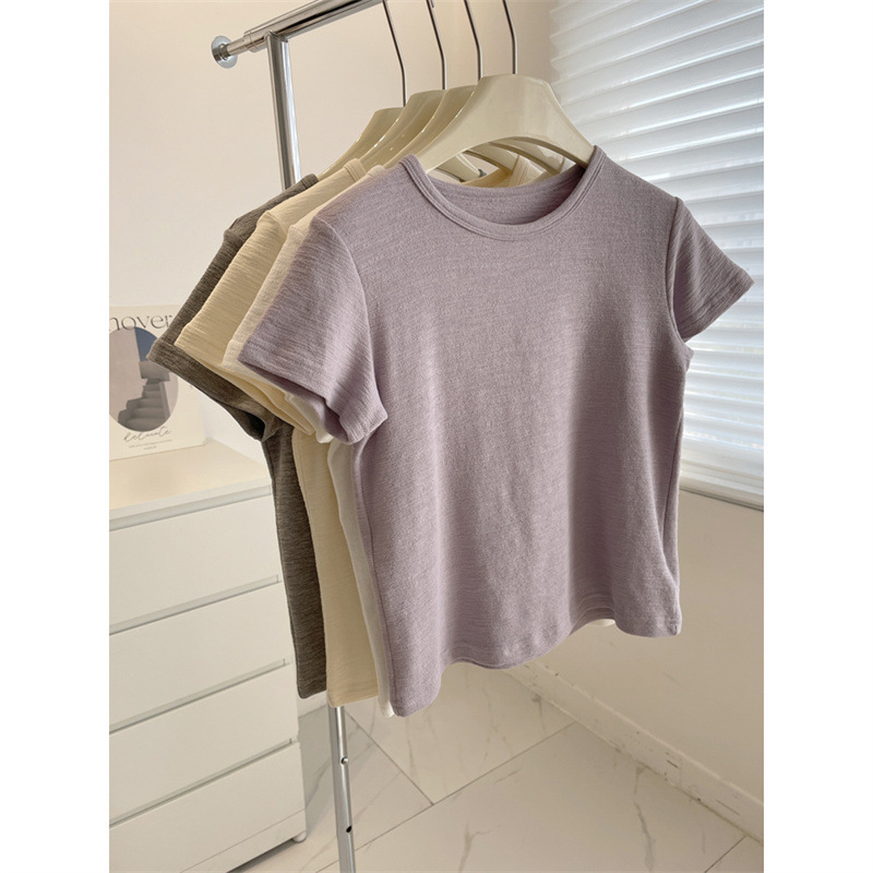 質感〜女性用ショートスリーブTシャツ！夏万能無地着痩せショートラウンドネックショルダートップTシャツ|undefined
