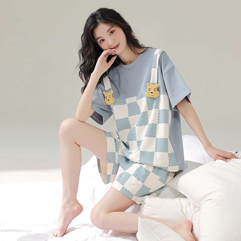 Pareja de pijamas de verano de algodón de manga corta de Internet celebridad oso lindo de dibujos animados nuevo camisón ropa de casa de las mujeres traje de verano