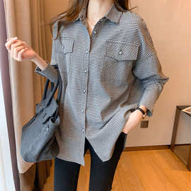 美式复古洋气显瘦千鸟格职业雪纺衫衬 跨境女装春秋新款女装衬衣