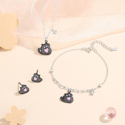 Original pink kitten necklace sterling silver 925 cute cartoon girl heart sweet cool style pendant niche ins clavicle chain