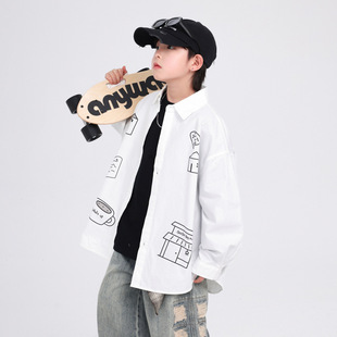 Boys Spring & Fall Graffiti Pure Cotton Long-Sleeved White Shirt 2025 New Style Kidsren's Boys Autumn Clothing Handsome Shirt Jacket Trendy