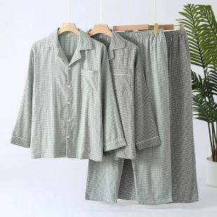 Pure Cotton Double-Layer Gauze Japanese Style Unprinted Style Spring & Fall Men's Pajamas Summer Thin Long-Sleeved Large Size Loose Home Clothes