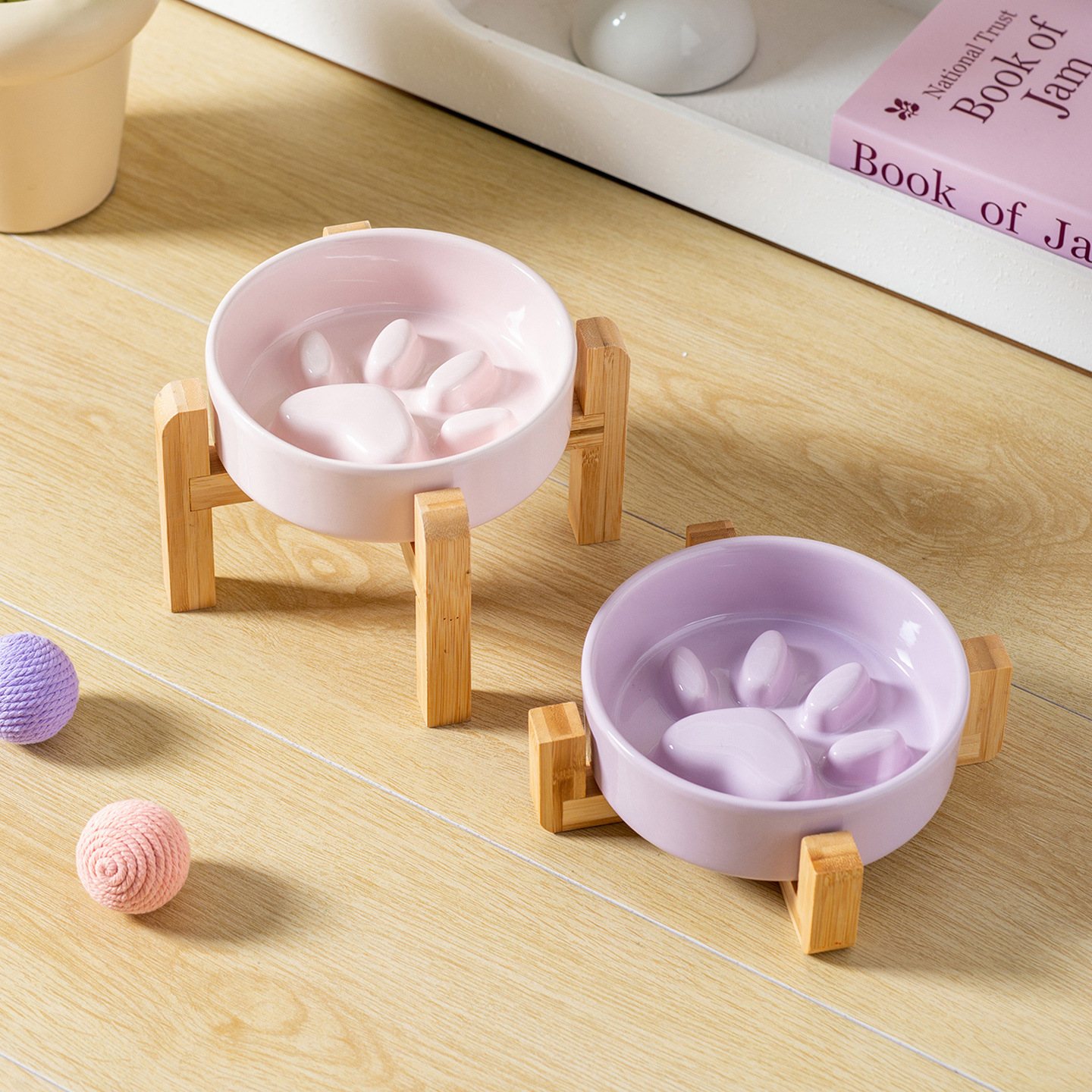 Cuenco de comida lenta de color crema de garra de gato con marco de bambú, cuenco de cerámica para perros y gatos, cuenco de comida lenta para perros, cuenco de comida para perros, cuenco anti-asfixia