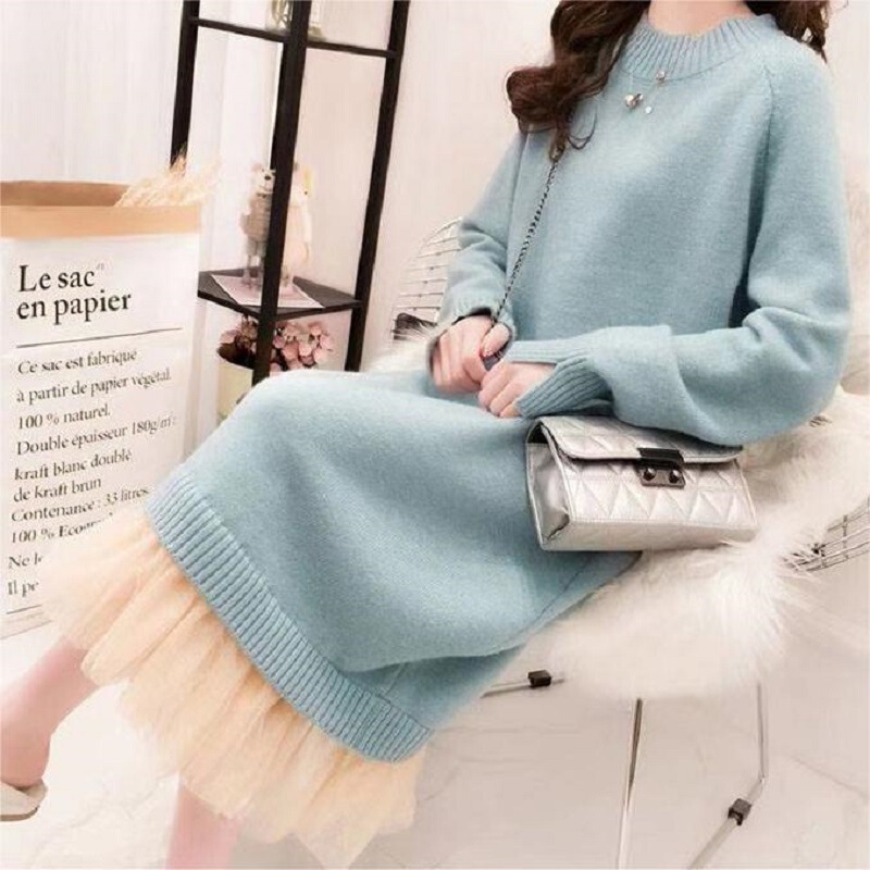 2024 New Autumn and Winter Fairy Mesh Over-The-Knee Sweater Dress Simple Loose Outer Wear Lazy Style Knitted Dress for Women