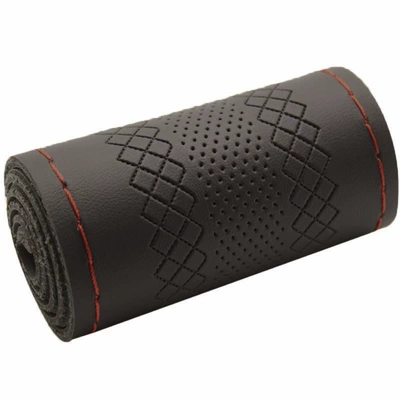 All Seasons, Embossed Style, New Leather – Steering wheel cover - diamond-black-red-line-38cm