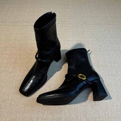 牛皮版~方头高跟瘦瘦靴女法式粗跟复古后拉链真皮短靴弹力时装靴