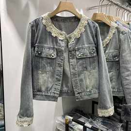 设计感牛仔夹克外套女2025春秋新款高级感钉珠蕾丝拼接夹克短上衣