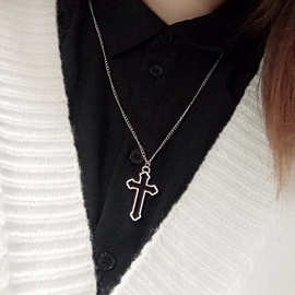 日韩ins冷淡风日系嘻哈男女毛衣链项饰 简约镂空十字架吊坠项链