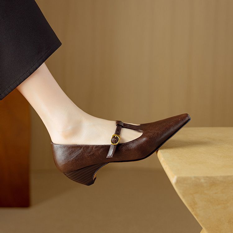 (牛皮/4.5厘米)简约通勤尖头T型扣玛丽珍真皮女鞋坡跟百搭单鞋春~