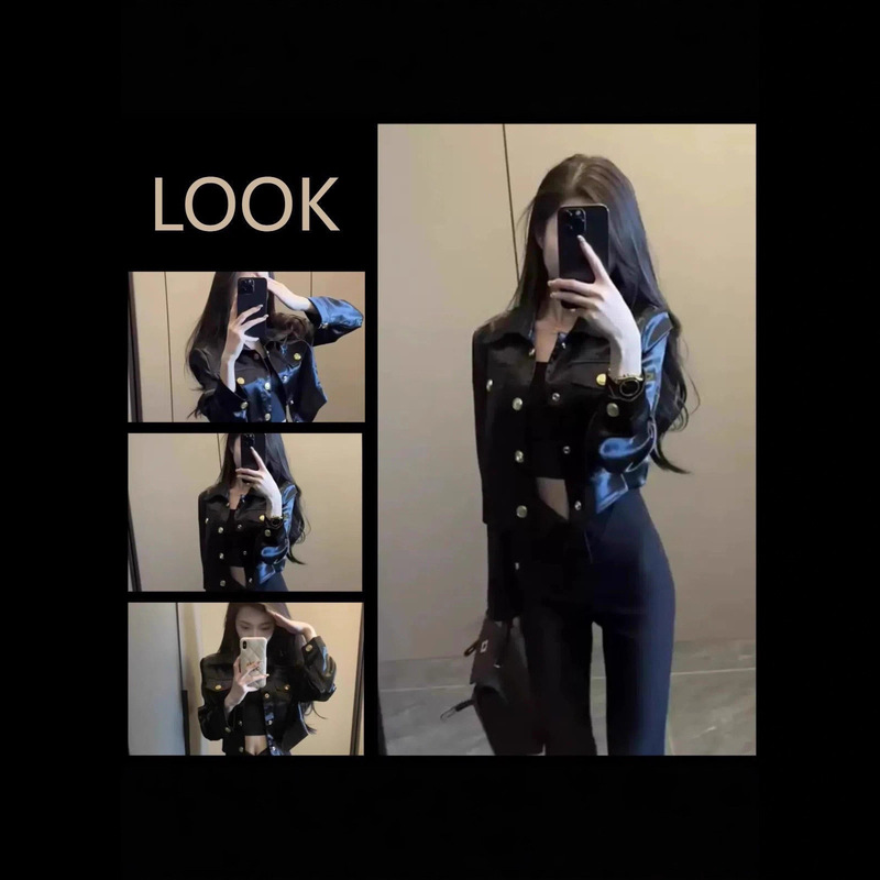Elegant Socialite Style Short Jacket for Women, Korean Version Polo Collar Jacket, Fashionable and High-End Satin Top for Women