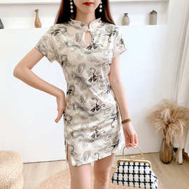 2025年夏季新款气质名媛国潮龙纹中国风改良少女连衣裙开叉旗袍女