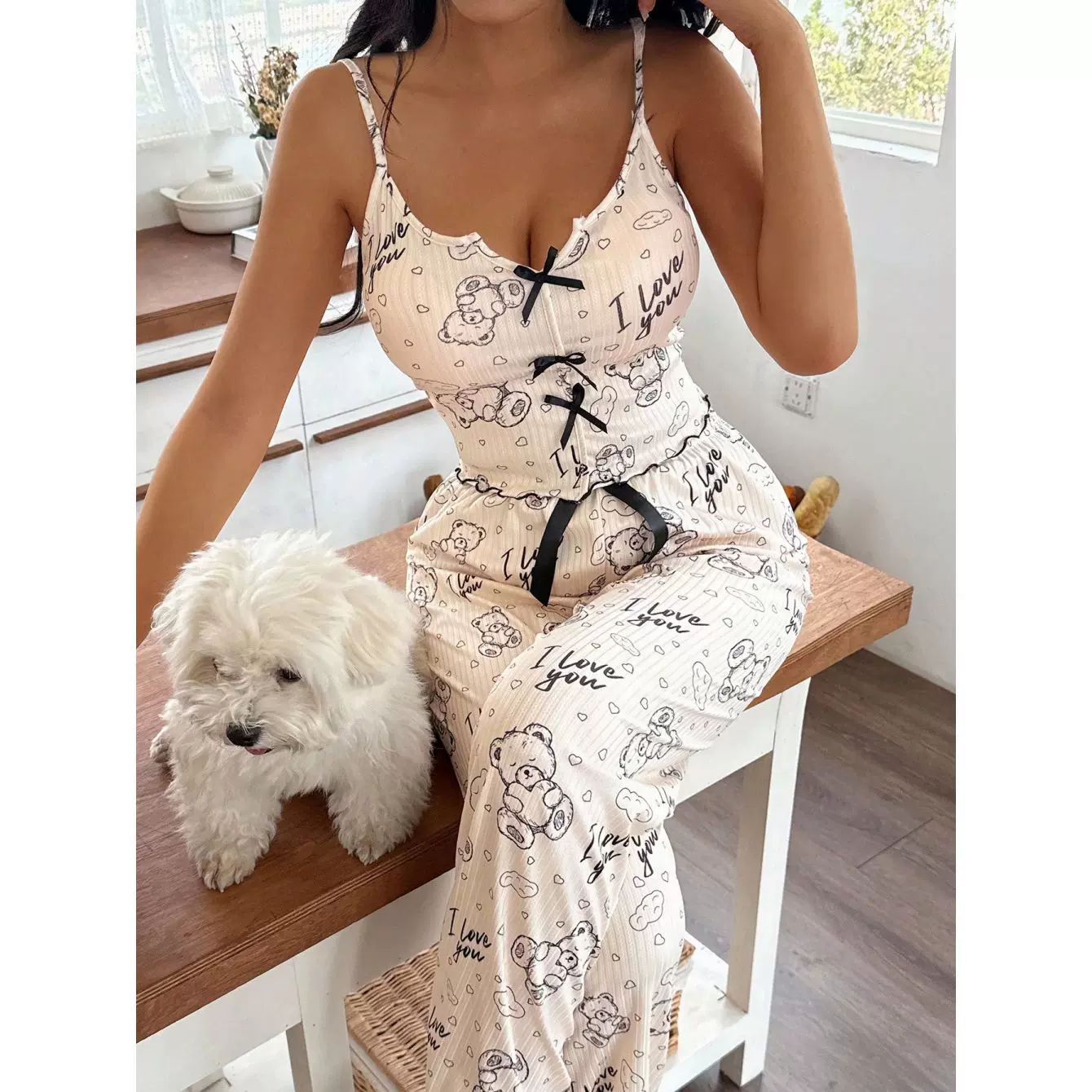 2026亚马逊新款小熊印花蝴蝶结吊带长裤性感两件套居家服可外穿