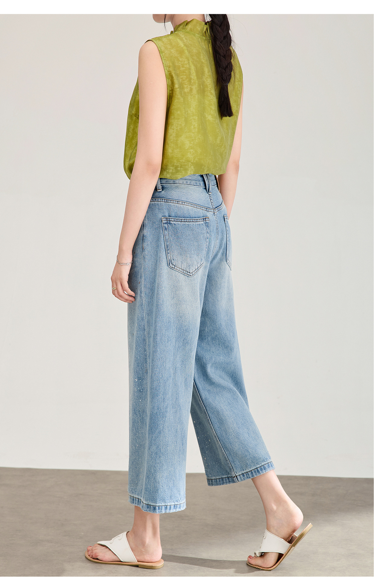 Quần jean nữ ống rộng cạp cao chất cotton mài trắng phối sequin bướm — xanh lam chi tiết 21