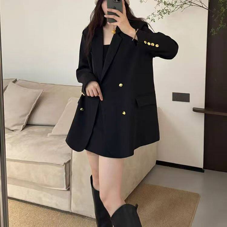 Áo vest nữ màu đen dáng rộng cổ vest một hàng cúc tay dài — màu đen