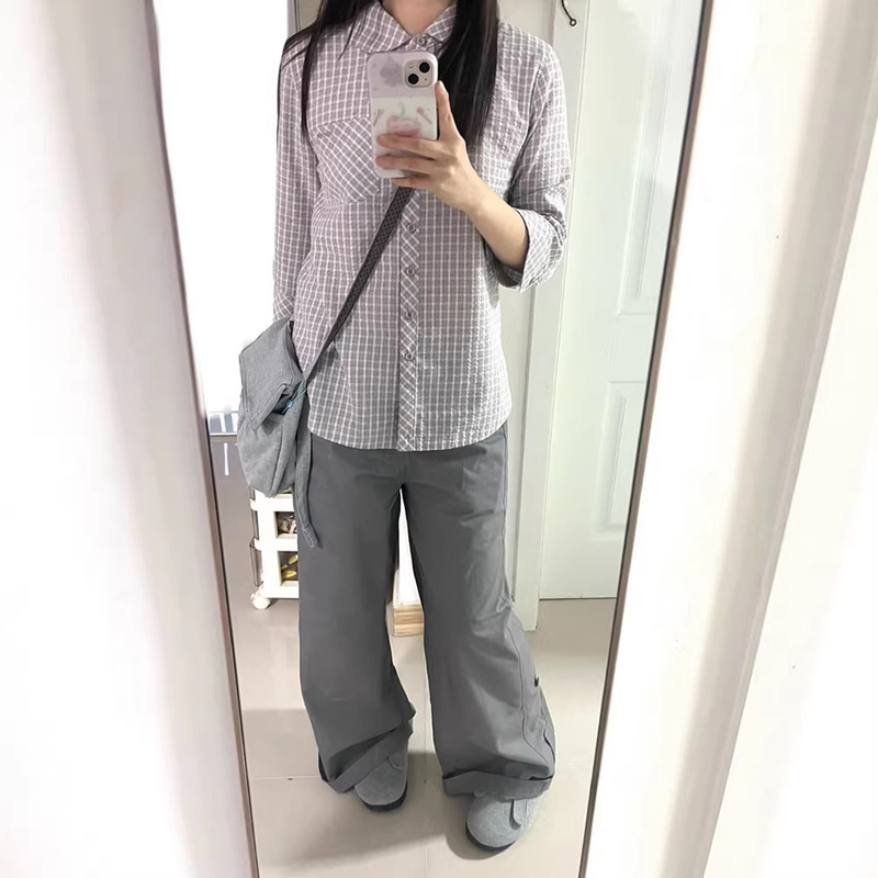 In-Stock Doll Collar Bubble Gauze Plaid Shirt 2026 Spring Women's Waist-Cinching Slimming Seven-Quarter Sleeve Top Coyse*O