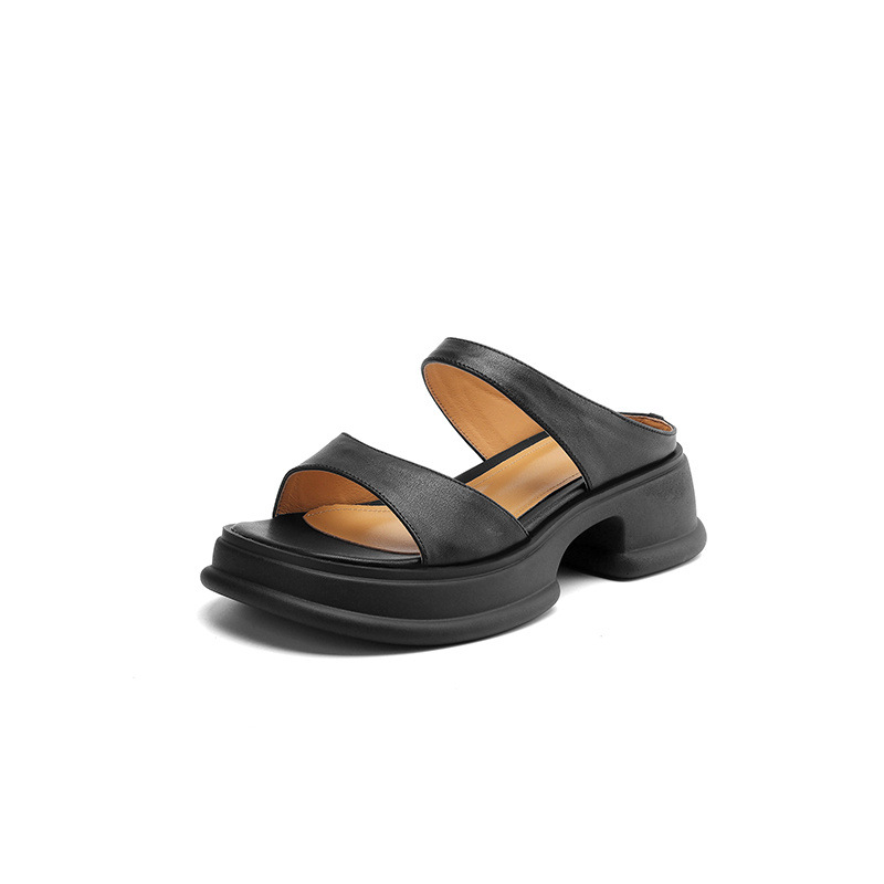 Dép sandal nữ quai ngang đế xốp da bò hở mũi gót thô cao — Màu đen
