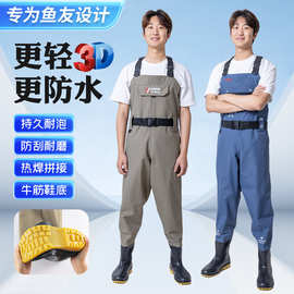加厚尼龙半身连体下水裤防水雨鞋皮叉水库衣服涉水裤钓鱼裤捕鱼服